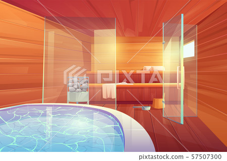 Sauna with swimming pool and glass doors interior 57507300