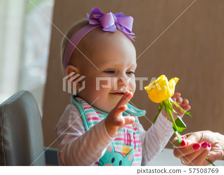 Baby girl with a flower smiling Baby girl with a flower smiling 57508769