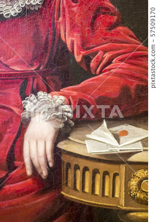 Fragment of the canvas "Portrait of Countess P. P. Kutaisova", artist Jan Rombauer. Woman's hand in a red dress. Female hand and an envelope. 57509170