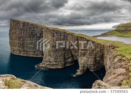 Sorvagsvatn lake over the ocean spectacular panorama, Faroe Islands Sorvagsvatn lake over the ocean spectacular panorama, Faroe Islands 57509563