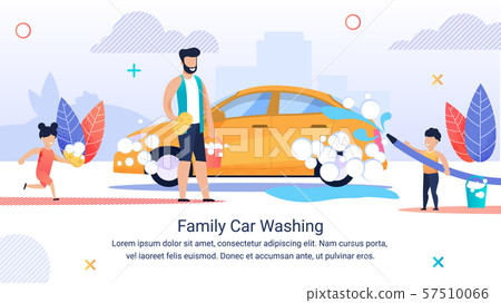 Banner Written Family Car Washihg, Happy Family. 57510066