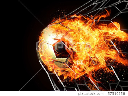 A flame soccer ball that breaks through the goal net A flame soccer ball that breaks through the goal net 57510256