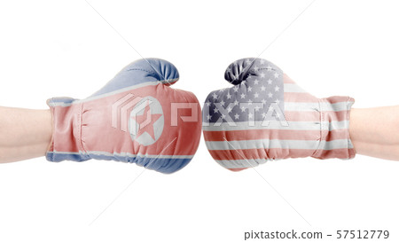Boxing gloves with USA and North Korea flag.USA vs Boxing gloves with USA and North Korea flag.USA vs 57512779