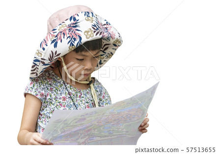Isolated Little girl is holding map Isolated Little girl is holding map 57513655
