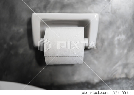 A white roll of soft toilet paper neatly hanging on a modern white holder on a concrete style 57515531