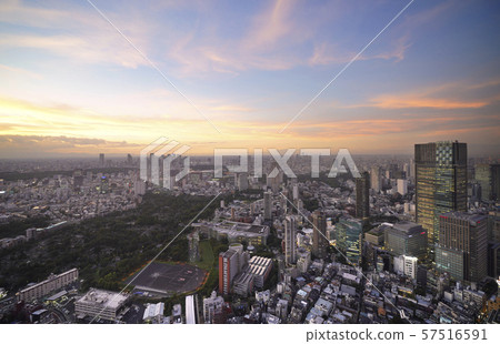 Tokyo cityscape in Japan The sky dyed orange in a typhoon, Tokyo Midtown, Shinjuku, Ikebukuro, etc. 57516591