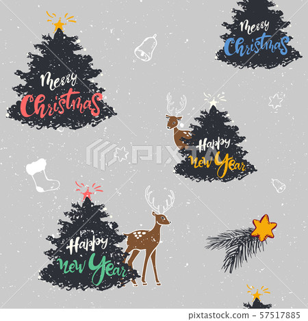 Stylish Merry Christmas seamless pattern with tree, lettering, deer, toys in vector. for wallpapers 57517885