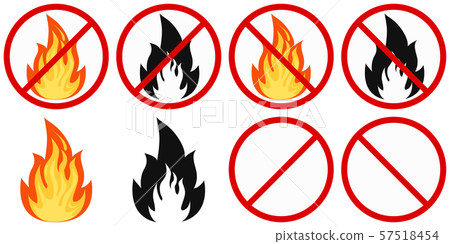 Set of flat design vector fire and no fire sign - colored and black fire crossed out in a red circle 57518454