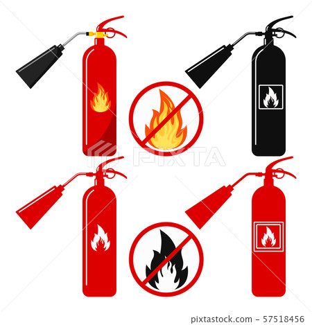 Vector illustration of flat design set red, black fire extinguisher with nozzle icon, fire and no Vector illustration of flat design set red, black fire extinguisher with nozzle icon, fire and no 57518456