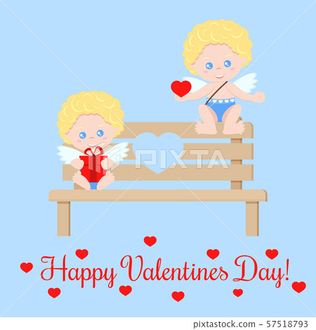 Greeting card with cute isolated romant pair of cupids with a heart and a gift Greeting card with cute isolated romant pair of cupids with a heart and a gift 57518793