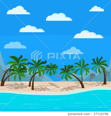 Beautiful mountains and sea landscape blue ocean, palm trees, clouds, sand coastline. Beautiful mountains and sea landscape blue ocean, palm trees, clouds, sand coastline. 57518796