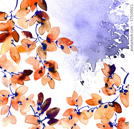 Watercolor and ink painted tree branch with leaves 57520921