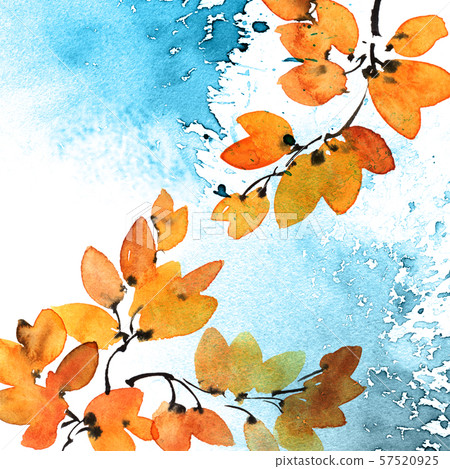 Watercolor and ink painted tree branch with leaves Watercolor and ink painted tree branch with leaves 57520925