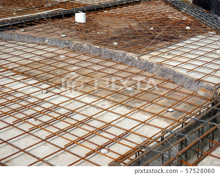 Steel reinforcement bar and timber formworks at construction site. 57528060