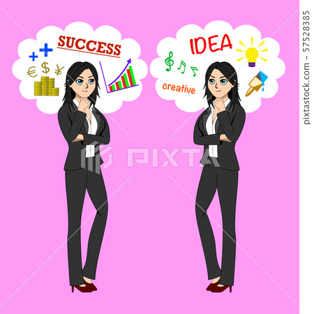 Two women who think differently The woman on the left thinks about logic. A business that grows, achieves success and profits. The right woman thinks about art, creative ideas and music. Two women who think differently The woman on the left thinks about logic. A business that grows, achieves success and profits. The right woman thinks about art, creative ideas and music. 57528385