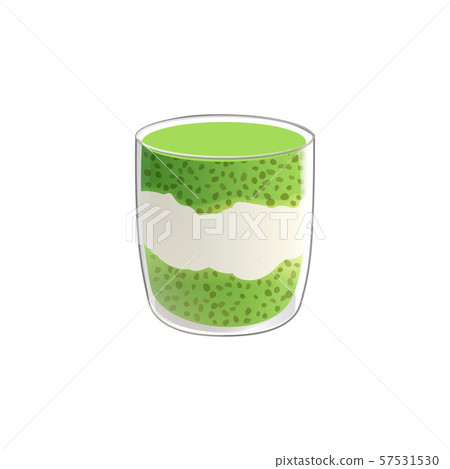 Chia seed pudding with green match tea in glass. Chia seed pudding with green match tea in glass. 57531530