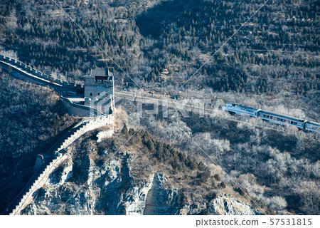 Great wall in winter with old train on trail move Great wall in winter with old train on trail move 57531815