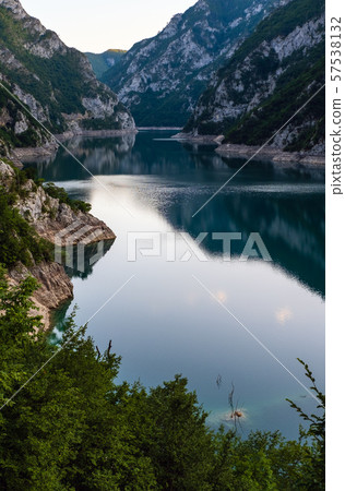 Piva Lake (Pivsko Jezero) evening view in 57538132