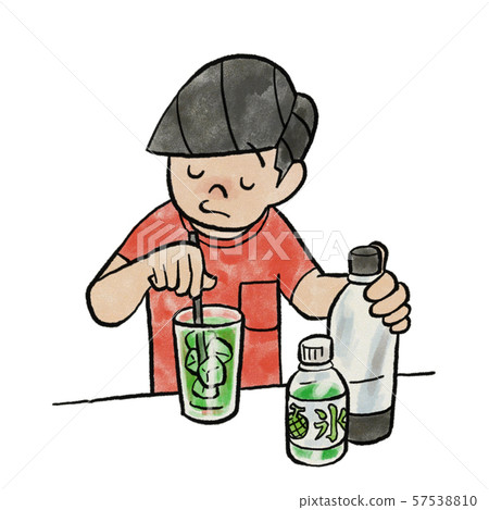 Man making melon soda with surplus shaved ice syrup Man making melon soda with surplus shaved ice syrup 57538810