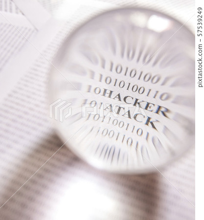 Hacker atack message revealed by an magnifying Hacker atack message revealed by an magnifying 57539249