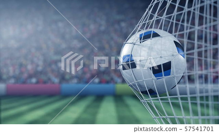 Flag of Estonia on the football hitting goal net back. Realistic 3D rendering Flag of Estonia on the football hitting goal net back. Realistic 3D rendering 57541701