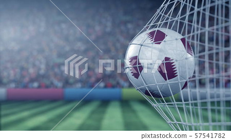 Flag of Qatar on the ball in football net. Conceptual 3D rendering Flag of Qatar on the ball in football net. Conceptual 3D rendering 57541782