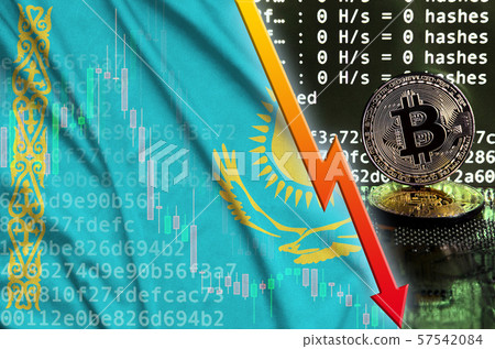 Kazakhstan flag and falling red arrow on bitcoin 57542084