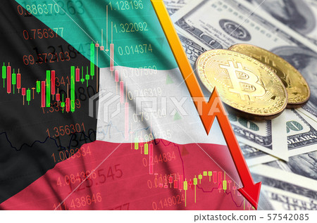 Kuwait flag and cryptocurrency falling trend with 57542085