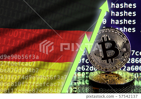 Germany flag and rising green arrow on bitcoin 57542137