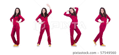 Young woman doing exercises on white 57549560