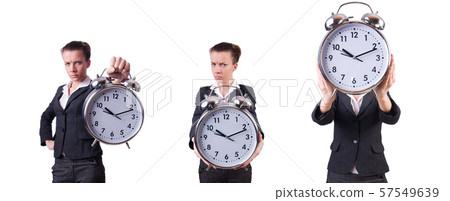 Businesswoman with clock missing her deadlines Businesswoman with clock missing her deadlines 57549639