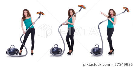 Young woman with vacuum cleaner on white Young woman with vacuum cleaner on white 57549986