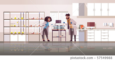 scientists couple holding test tubes with blood samples african american man woman in uniform using 57549988