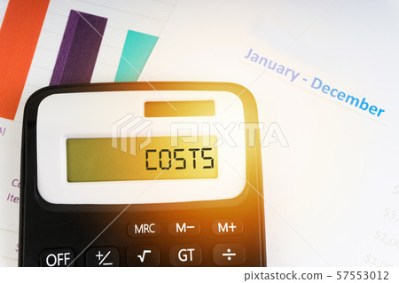 A calculator with the word COSTS on the display. 57553012