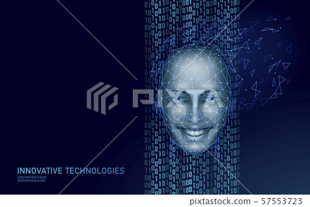 Low poly female human face biometric identification. Recognition system concept. Personal data 57553723
