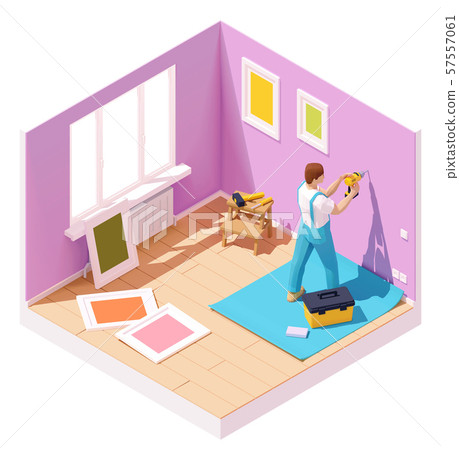Vector isometric worker drilling wall 57557061