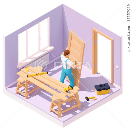 Vector isometric worker at door installation 57557069