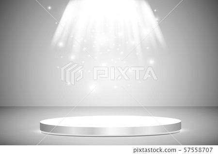 Round podium, pedestal or platform illuminated by spotlights on grey background. Stage with scenic 57558707