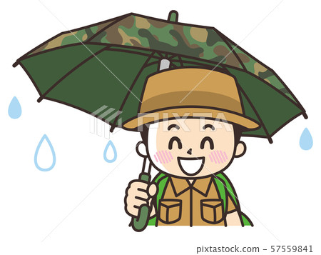 Boy with a child exploration team smiling with a camouflage umbrella 57559841