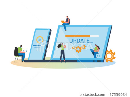 System updates with people updating operation in computing and installation programs. Flat vector illustration modern character design. For a landing page, banner, flyer, poster, web page. 57559984
