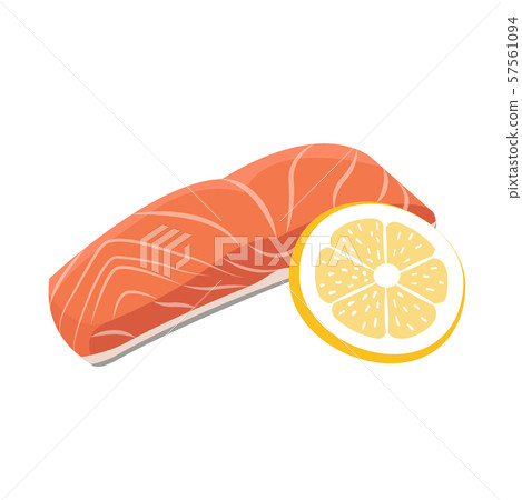 Meat vector - red fish salmon steak with lemon cuts. Fresh meat icon. 57561094