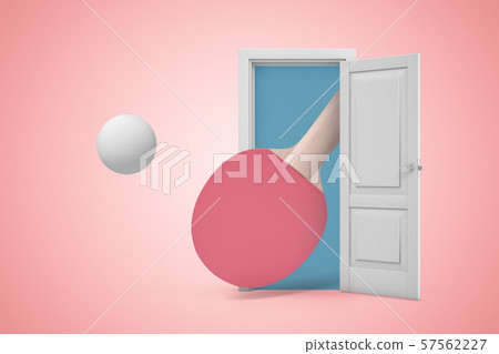 3d rendering of big ping-pong racket and ball emerging from open door on pink background. 57562227