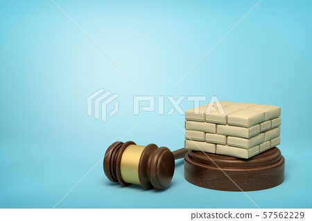 3d rendering of masonry work on round wooden block and brown wooden gavel on blue background 57562229