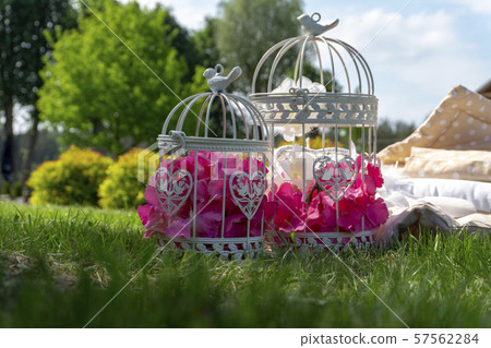 Two white bird cages filled with pink flowers Two white bird cages filled with pink flowers 57562284