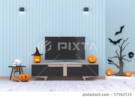 3D render Halloween party in living room with pumpkins, jack-o-lantern 3D render Halloween party in living room with pumpkins, jack-o-lantern 57562533