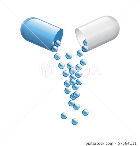 Realistic medical opened capsule pill. Vitamin antibiotic 3D medicine drug for concept improve 57564111