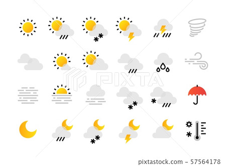 Weather line icons. Interface infographic elements with outline sun clouds rain fog wind symbols Weather line icons. Interface infographic elements with outline sun clouds rain fog wind symbols 57564178