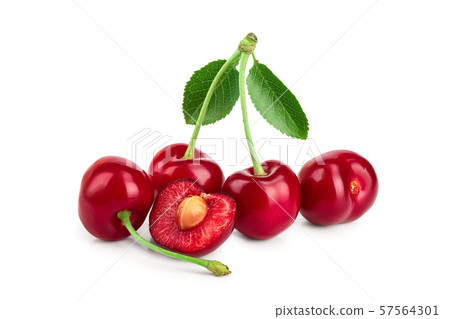 Some cherries with leaf and cut closeup isolated on white background Some cherries with leaf and cut closeup isolated on white background 57564301