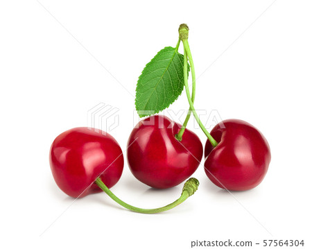 Sweet red cherries with leaves isolated on white background macro Sweet red cherries with leaves isolated on white background macro 57564304