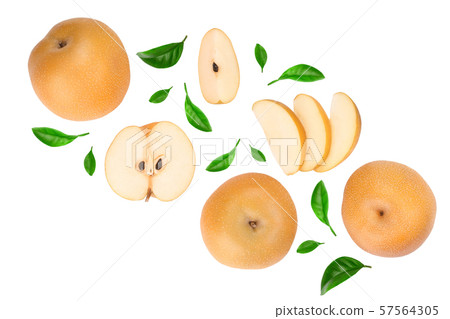 Fresh asian pear with leaves isolated on white background with copy space for your text. Top view 57564305